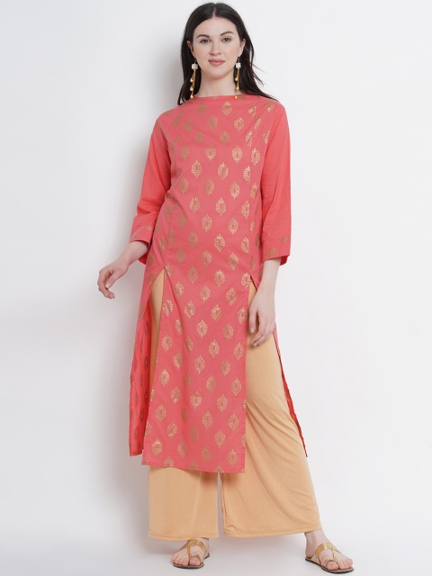 

Love More Women Peach-Coloured & Gold-Coloured Printed Straight Kurta