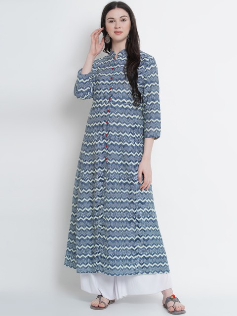 

Love More Women Blue & Beige Printed A-Line Kurta