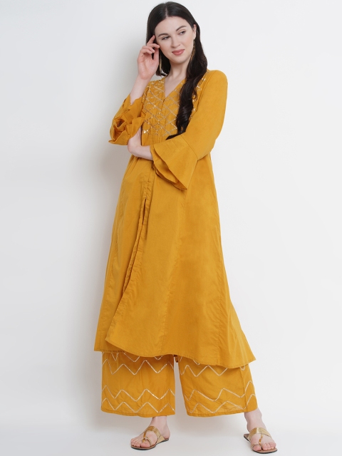 

Love More Women Mustard Yellow & Gold-Coloured Self Design Kurti with Palazzos