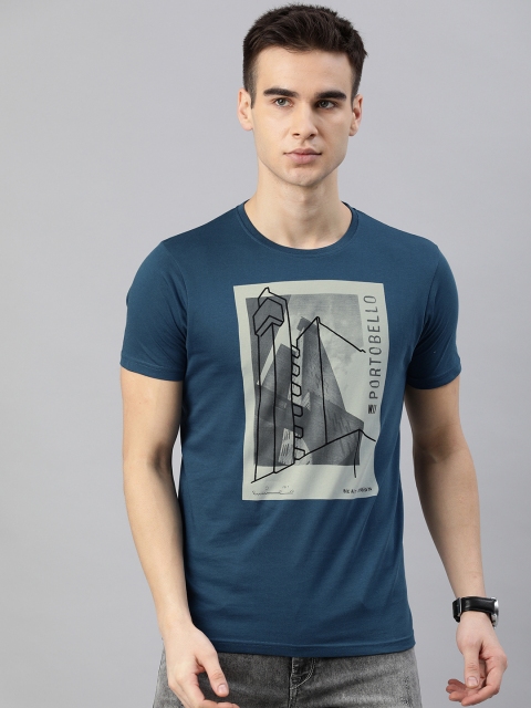 

BEAT LONDON by PEPE JEANS Men Blue Printed Slim Fit Round Neck Pure Cotton T-shirt