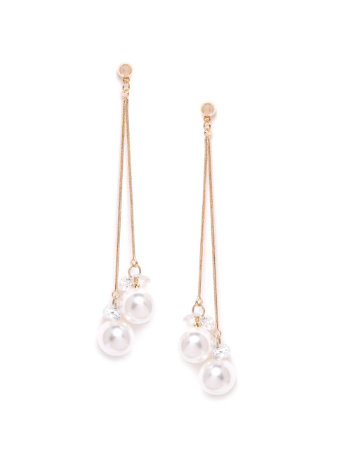

Carlton London White Gold-Plated Stone-Studded Beaded Contemporary Drop Earrings