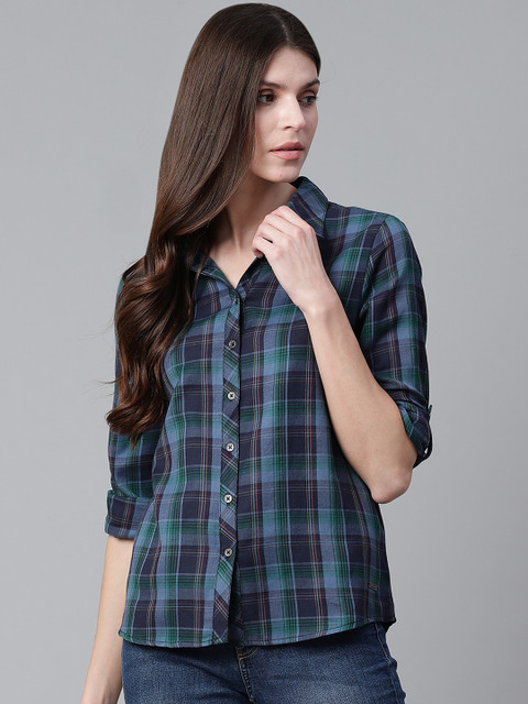 

Roadster Women Blue & Green Regular Fit Checked Casual Sustainable Shirt