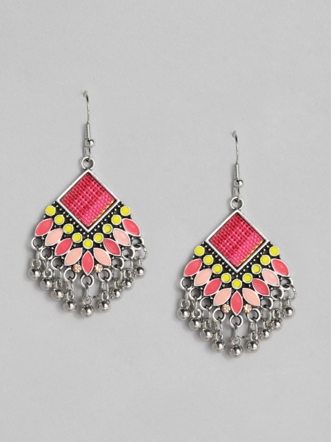 

justpeachy Silver-Plated & Pink Enamelled Geometric Drop Earrings