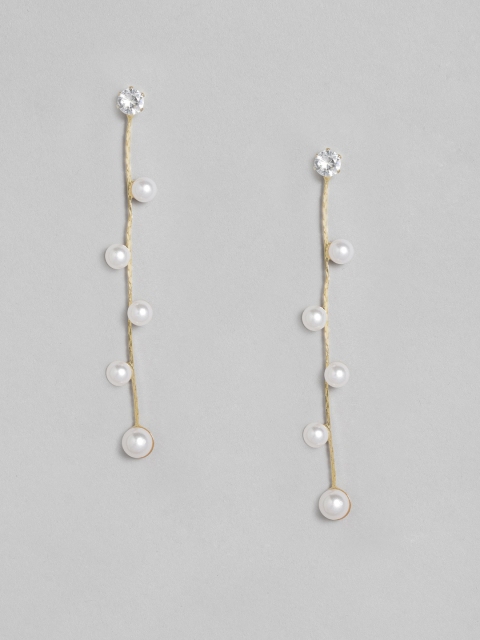 

justpeachy White Gold-Plated Pearl Studded Contemporary Drop Earrings