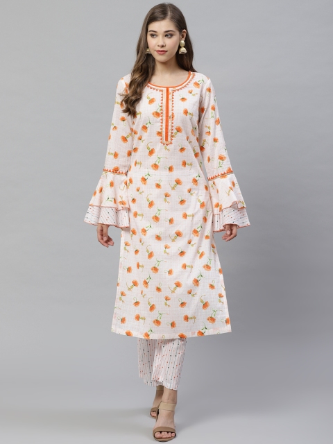

Deewa Women Off-White & Orange Printed Kurta with Palazzos