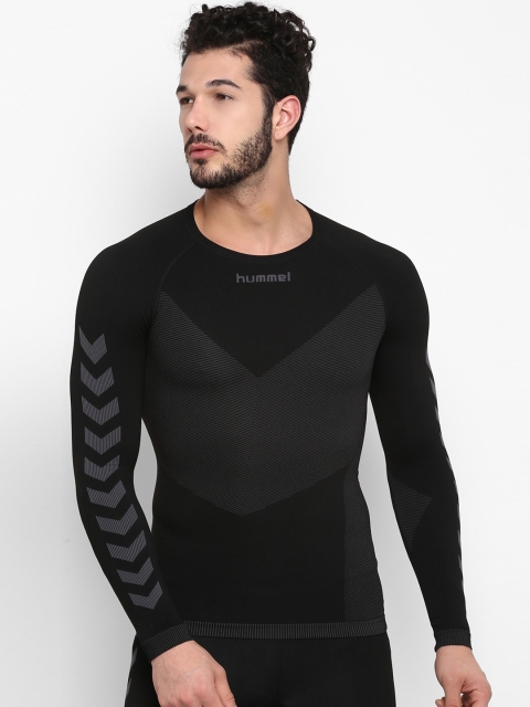 

hummel Men Black Striped Round Neck T-shirt
