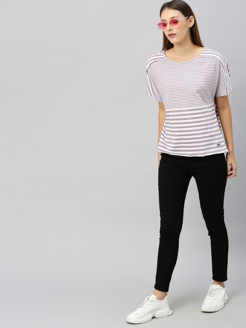 

Roadster Women White & Pink Striped Round Neck T-shirt