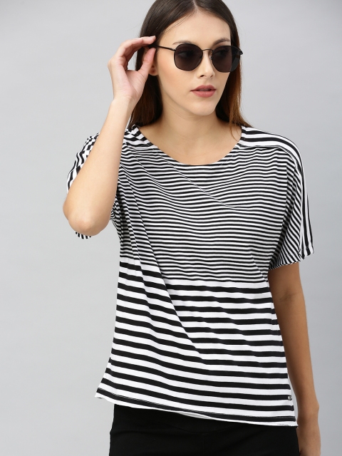 

Roadster Women White Black Striped Round Neck Pure Cotton T-shirt