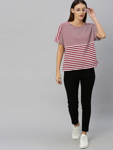

Roadster Women White & Red Striped Round Neck T-shirt