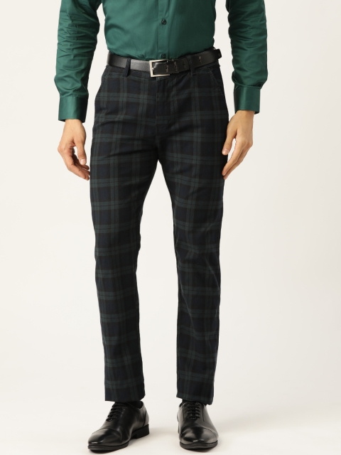 

Hancock Men Navy Blue & Green Slim Fit Checked Formal Trousers