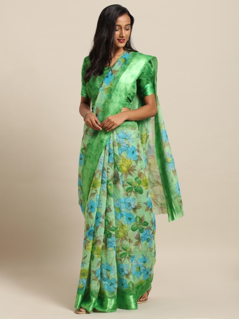 

Kvsfab Green & Blue Cotton Blend Printed Saree