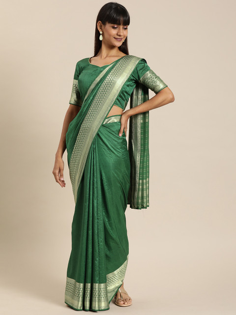 

Kvsfab Green Solid Silk Blend Saree