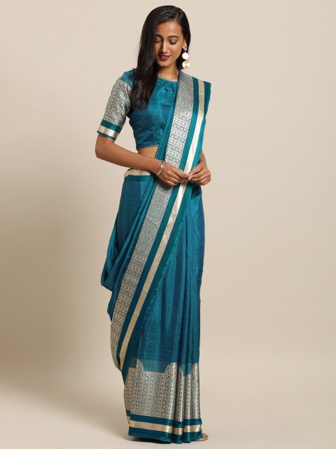 

Kvsfab Teal Blue & Silver-Toned Silk Blend Woven Design Saree