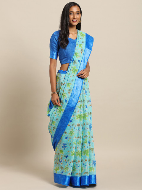 

Kvsfab Sea Green & Blue Cotton Blend Printed Saree