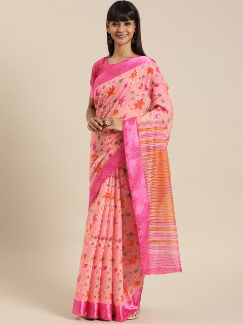 

Kvsfab Peach-Coloured & Pink Cotton Blend Printed Saree