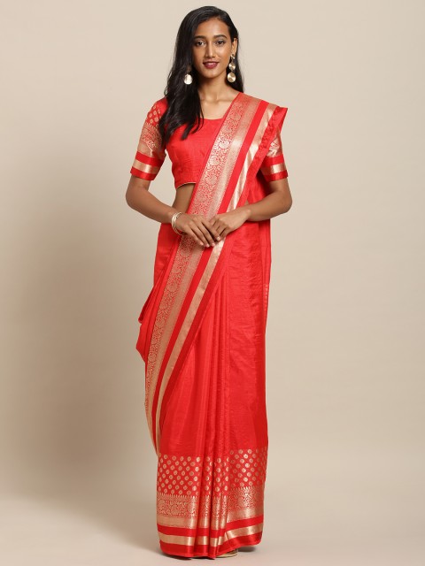 

Kvsfab Coral Red & Gold-Toned Silk Blend Woven Design Saree