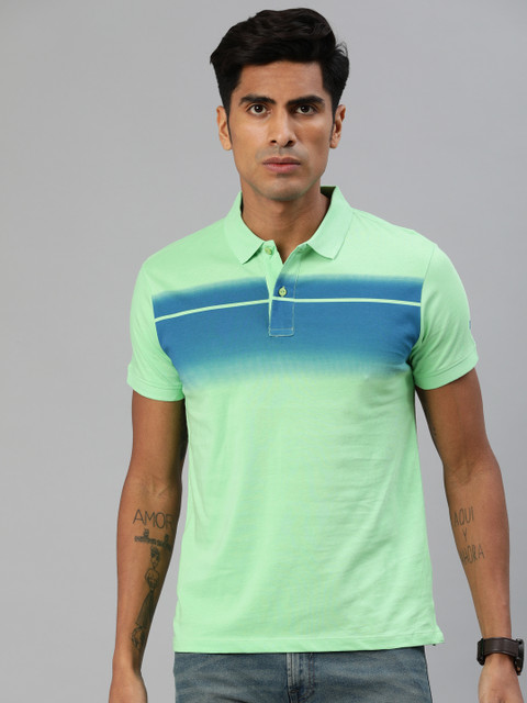 

BEAT LONDON by PEPE JEANS Men Green Blue Slim Fit Colourblocked Polo Collar Pure Cotton T-shirt