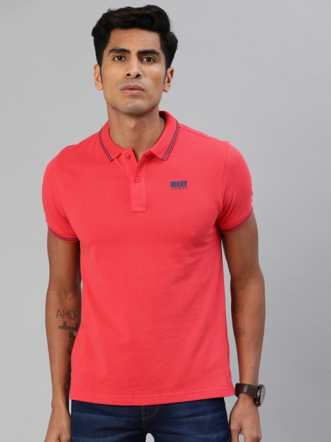 

BEAT LONDON by PEPE JEANS Men Coral Pink Solid Polo Collar T-shirt