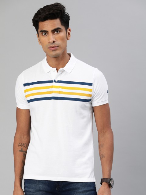 

BEAT LONDON by PEPE JEANS Men White & Yellow Slim Fit Striped Polo Collar T-shirt
