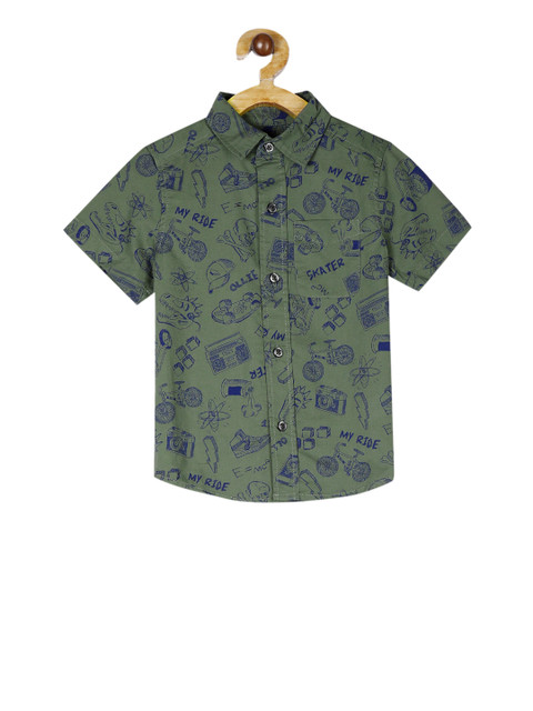 

The Childrens Place Boys Olive Green & Blue Regular Fit Printed Casual Shirt