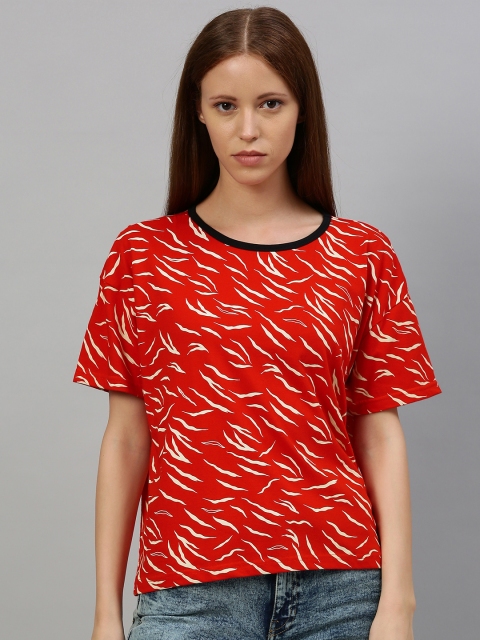 

HERE&NOW Women Red & Beige Printed Round Neck T-shirt