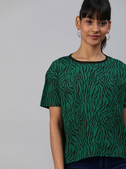 

HERE&NOW Women Green & Black Printed Round Neck T-shirt