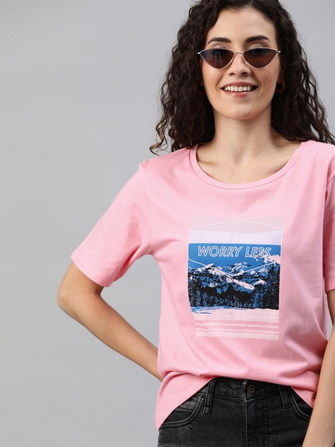 

HERENOW Women Pink Printed Round Neck Pure Cotton T-shirt