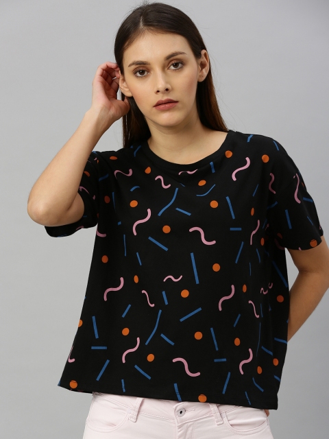 

HERE&NOW Women Black Printed Round Neck Boxy T-shirt