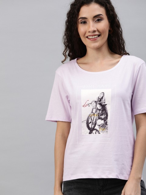 

HERENOW Women Lavender Printed Round Neck Pure Cotton T-shirt