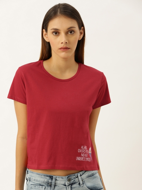 

Moda Rapido Women Red Solid Round Neck T-shirt with Placement Printed Detail
