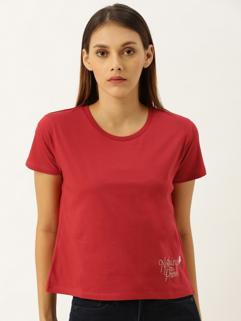 

Moda Rapido Women Red Solid Round Neck T-shirt with Printed Detail