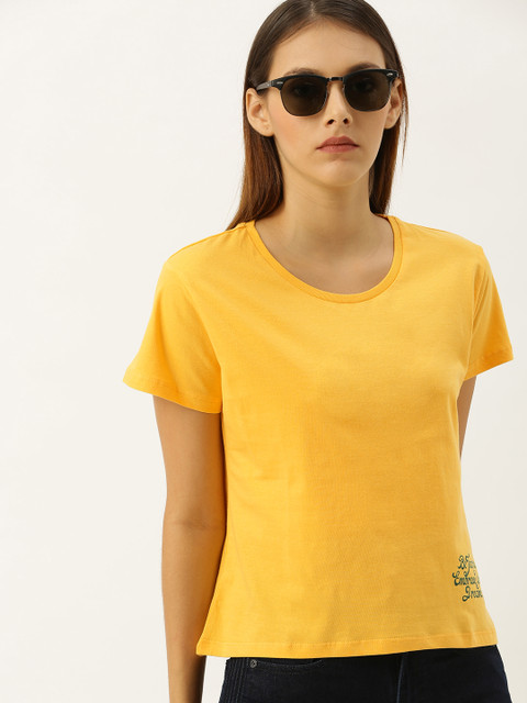 

Moda Rapido Women Yellow Solid Round Neck T-shirt with Printed Detail