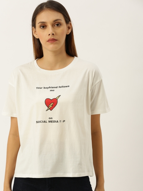 Women White Printed Round Neck Pure Cotton T-shirt