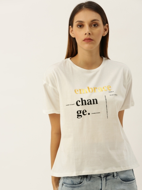 

Moda Rapido Women White Printed Round Neck T-shirt