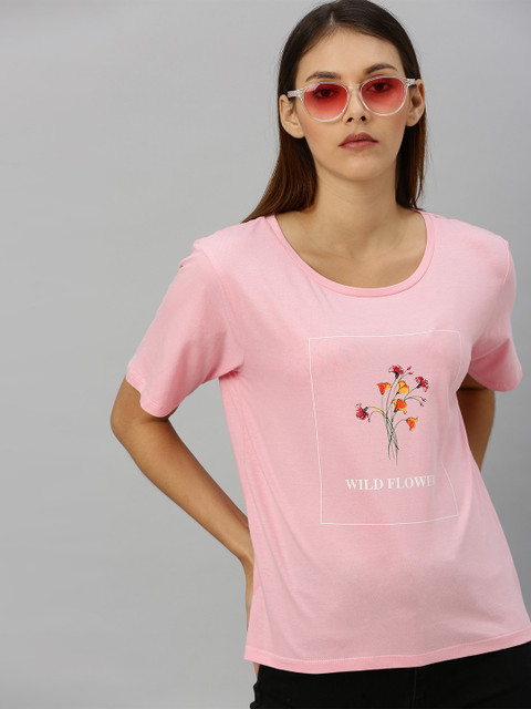 

HERENOW Women Pink Printed Round Neck Pure Cotton T-shirt