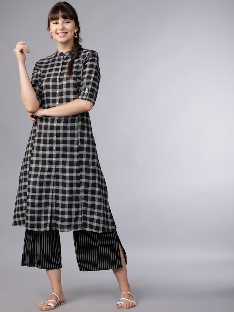 

Vishudh Women Black Checked A-Line Kurta