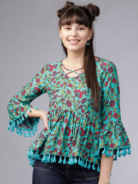 

Vishudh Women Sea Green & Red Printed Empire Top