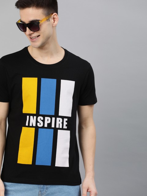 

HERENOW Men Black Printed Round Neck Pure Cotton T-shirt