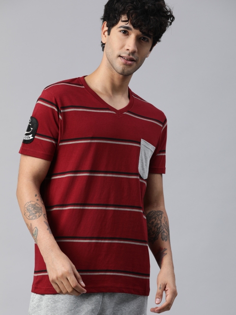 

HERE&NOW Men Red & Grey Striped V-Neck T-shirt Contrast Pocket