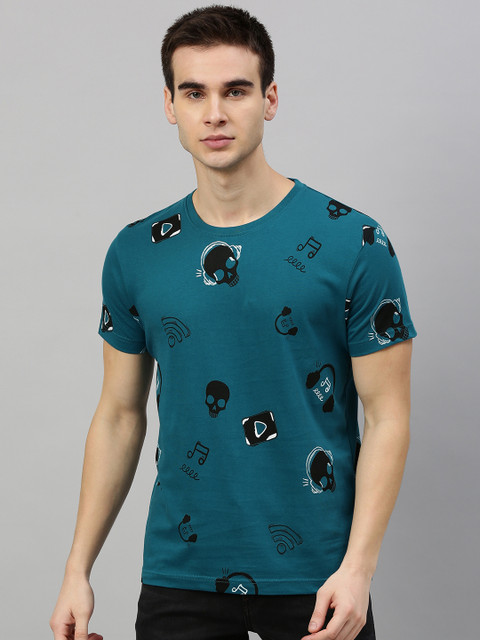 

HERE&NOW Men Teal Blue & Black Printed Round Neck T-shirt