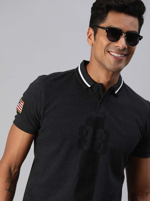 

HERE&NOW Men Charcoal Grey Printed Polo Collar T-shirt