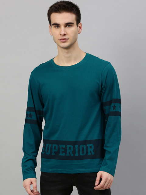 

HERE&NOW Men Teal Blue Printed Round Neck T-shirt