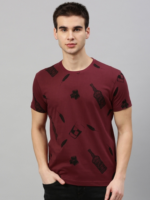 

HERE&NOW Men Maroon & Black Printed Round Neck T-shirt