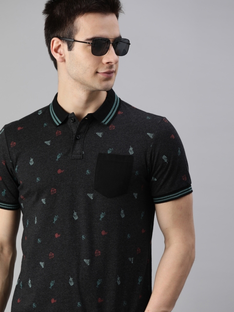 

HERE&NOW Men Charcoal Printed Polo Collar T-shirt