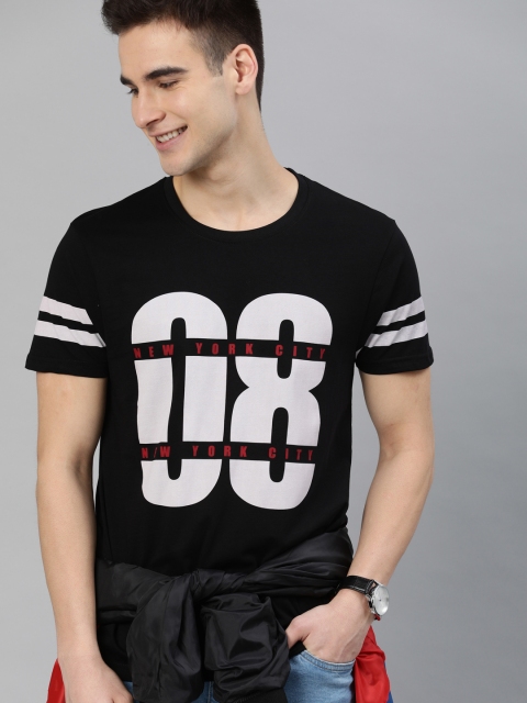 

HERENOW Men Black Printed Round Neck Pure Cotton T-shirt