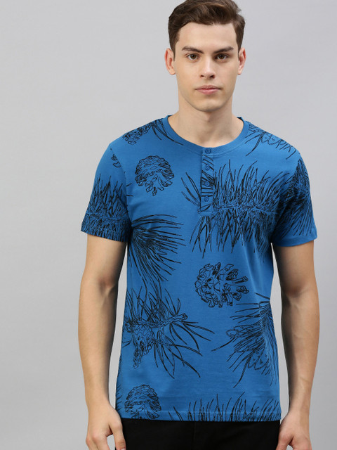 

HERE&NOW Men Blue & Black Printed Henley Neck T-shirt