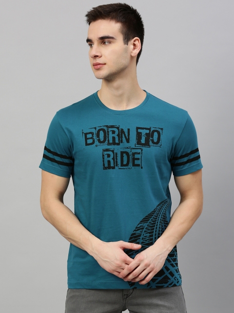 

HERE&NOW Men Teal Blue Printed Round Neck T-shirt