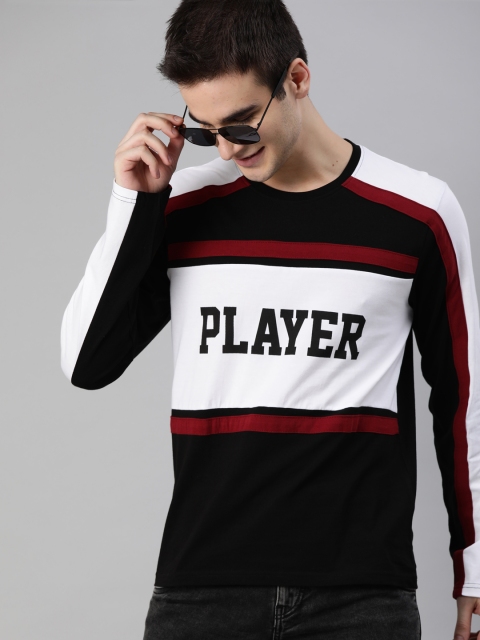 

HERE&NOW Men Black & White Colourblocked Round Neck T-shirt