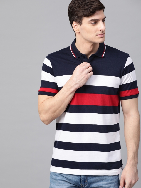 

HERE&NOW Men Navy Blue & White Striped Polo Collar T-shirt