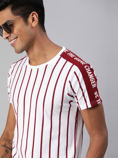 

HERE&NOW Men White & Red Striped Round Neck T-shirt